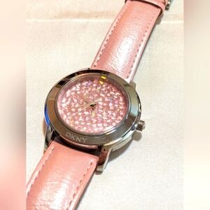DKNY Women's Pink Crystal Face Watch Leather Band Water-Resistant New Battery